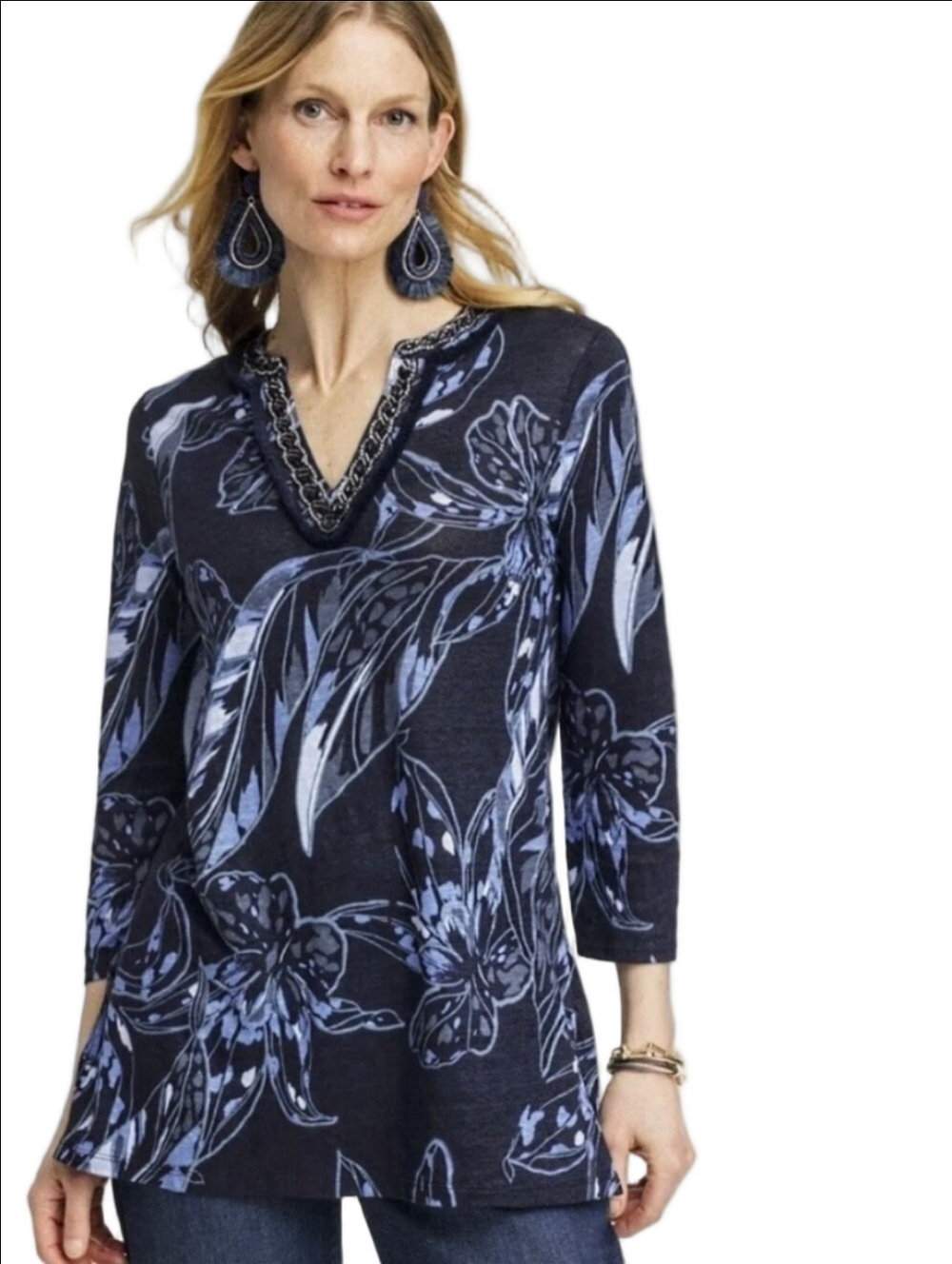 CHICO'S LINEN 3/4 SLEEVE NAVY BLUE FLORAL BOHO SHIRT TUNIC WITH BEADED NECKLINE